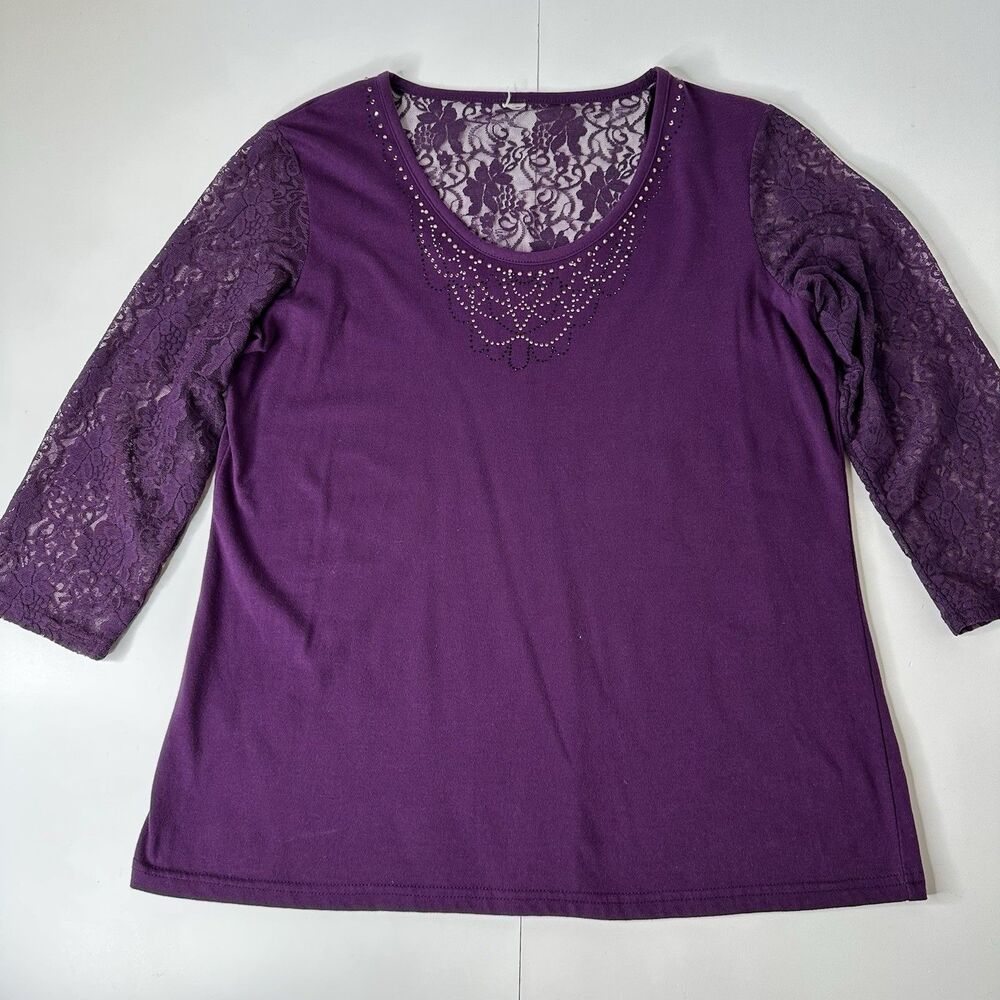 Y2K Stretch Top Sz M?‎ Purple Sheer Floral Lace Embellished Neckline Fairy Boho - Picture 10 of 13